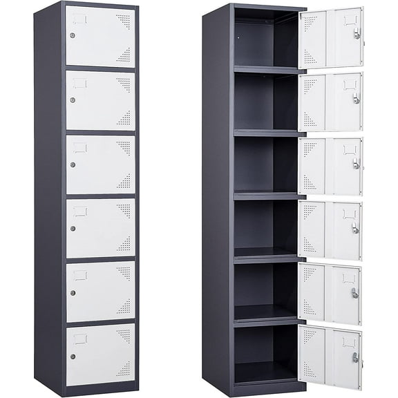 SISESOL Metal Locker Storage Cabinet with Doors and Shelves Metal Lockers with 6 Doors,71" Lockable Small Locker Storage Cabinet for Employees,School, Office, Home, Gym(White/Grey)