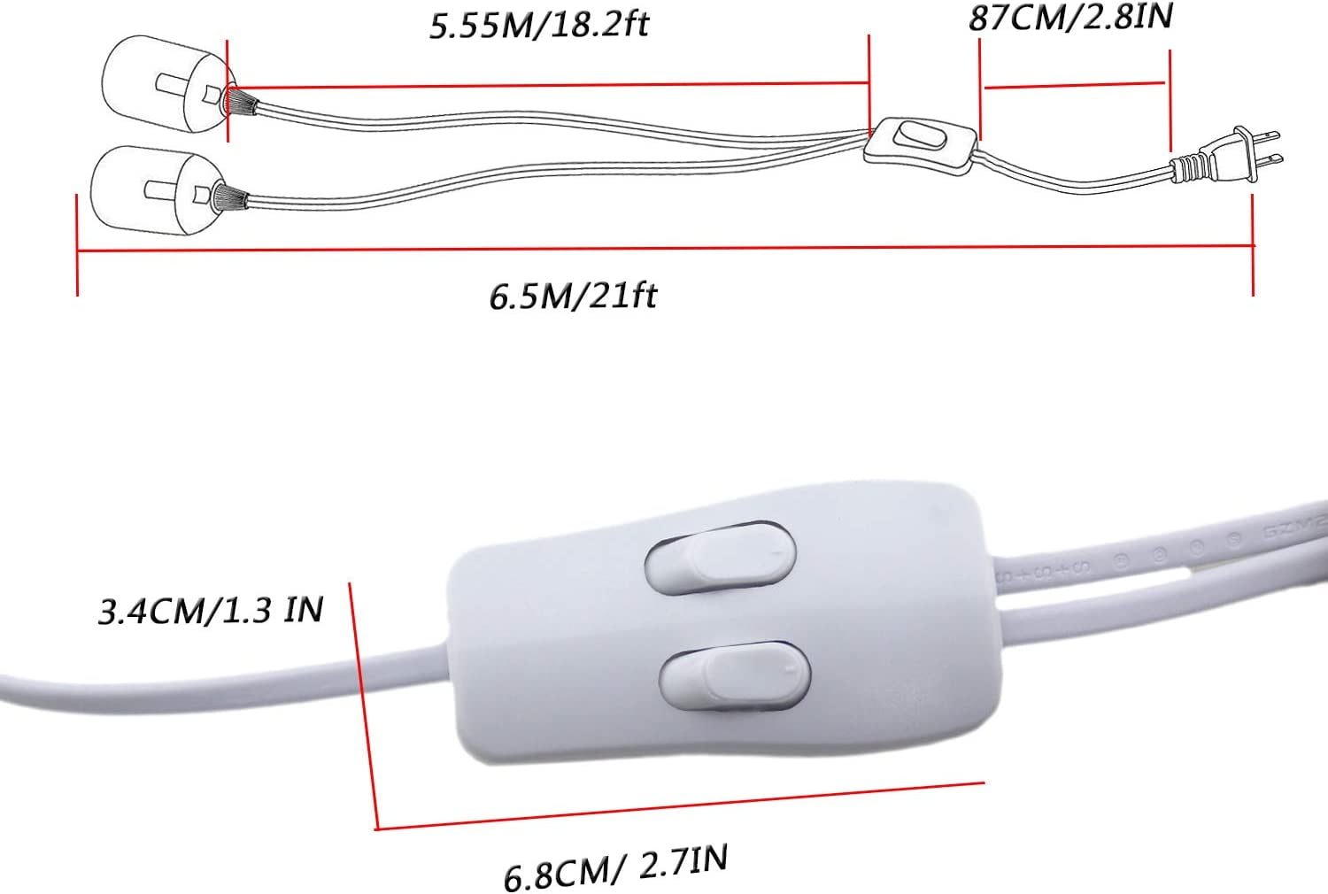 UKLL-Rextin 2 packs double E26/E27 LED Light socket 13FT extension cord with On/Off switch and US AC Power Plug Bulb Socket for Pendant Lighting Bulb Lamp in Kitchen Restaurant (21ft 1 to 2 sockets 2