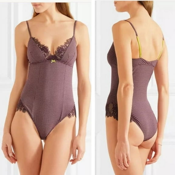Elle Macpherson Lash Lace-trim Jersey Bodysuit, Size Large, Winetasting
