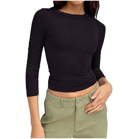 qucoqpe Crop Tops for Women Summer Fashion Casual Solid Color Crew Neck 3/4 Sleeve Shirts Slim Fit Blouses