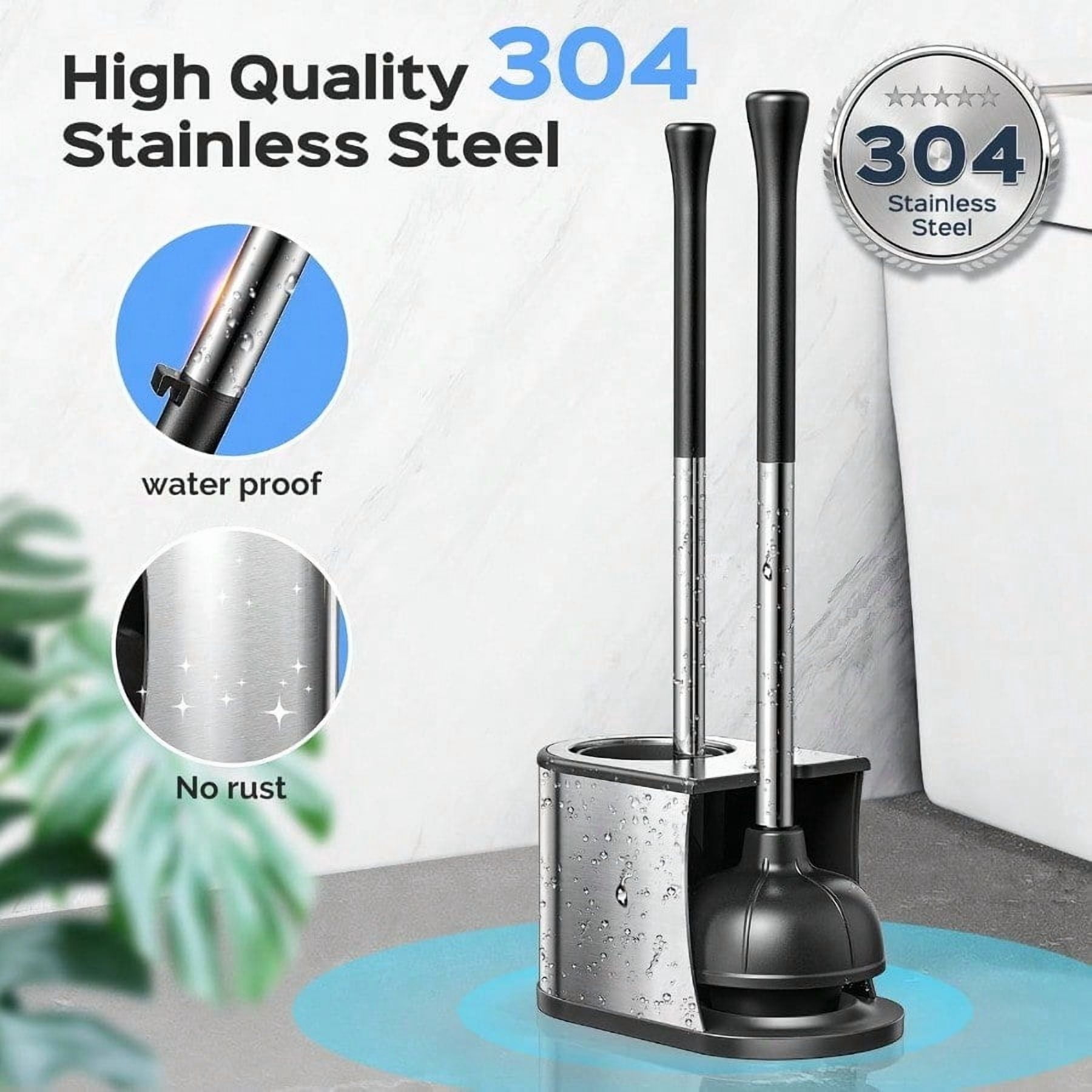 Toilet Plunger and Brush Set: 2 Pack 2 in 1 Stainl Steel Rustproof Combo with Curved Bristles Heavy Duty Toilet Unclogging for Family Bathroom Compact Apartment Cleaning Accories