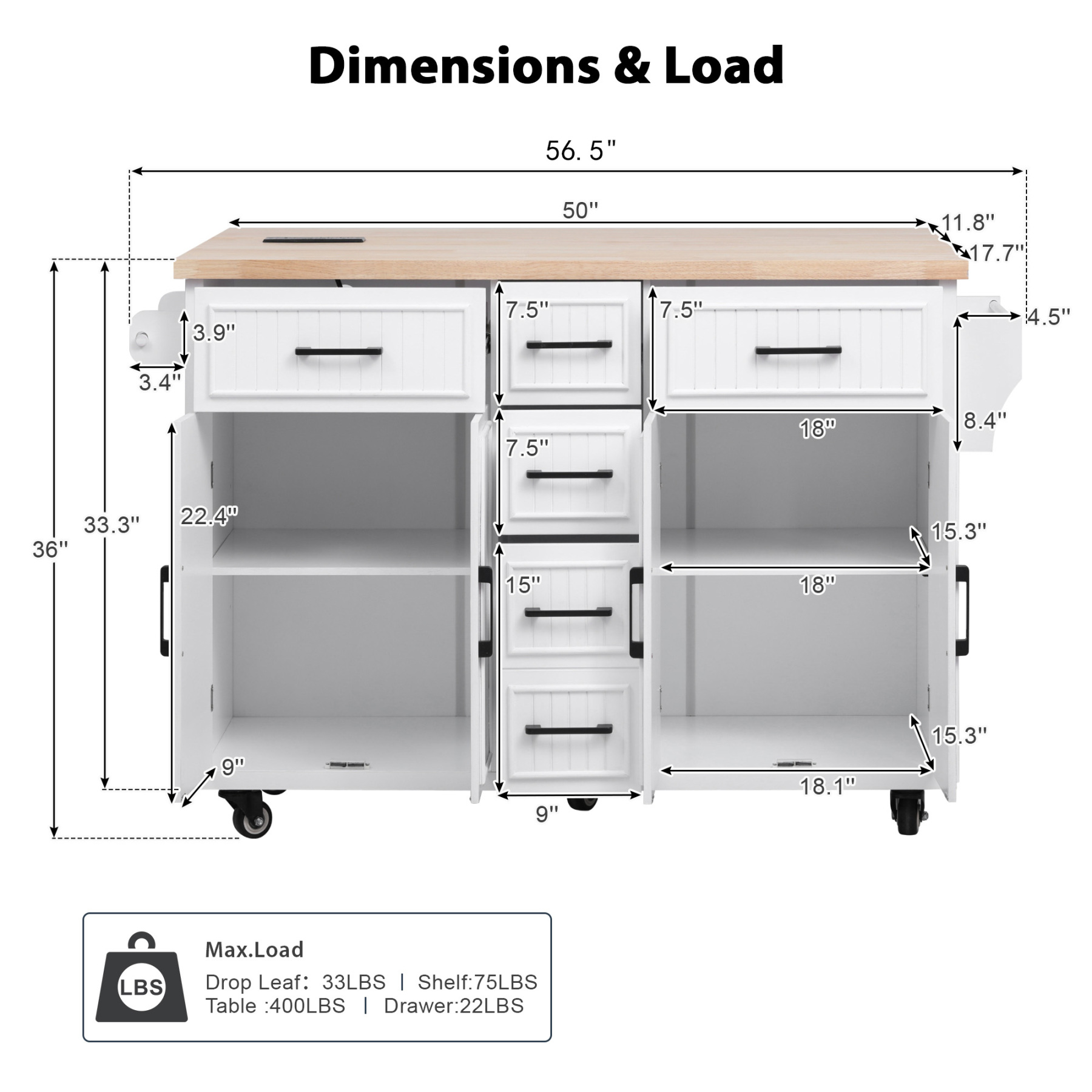 Harper & Bright Designs Kitchen Island with Drop Leaf, Rolling Kitchen Cart on Wheels with Doors, Drawers and Power Outlet for Dining Room, White
