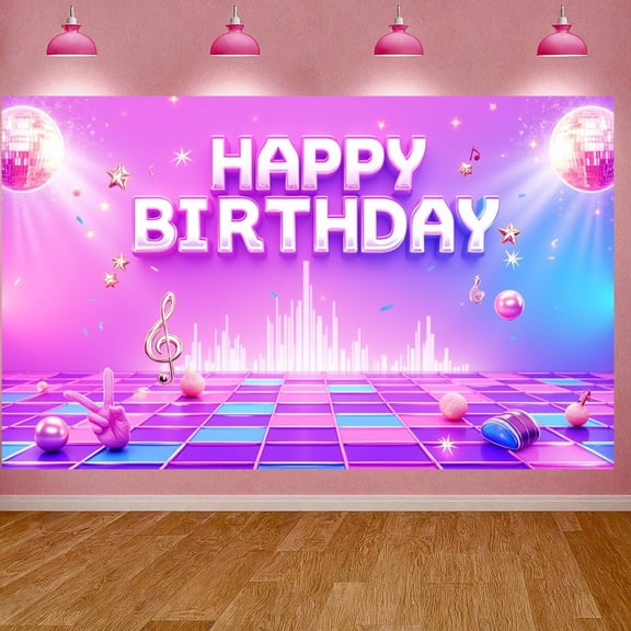 Disco Theme Banner Glittery Design Birthday Party Display Pink Purple Color Star Pattern Celebration Backdrop for Birthday Celebration Disco Party Photo Shoot