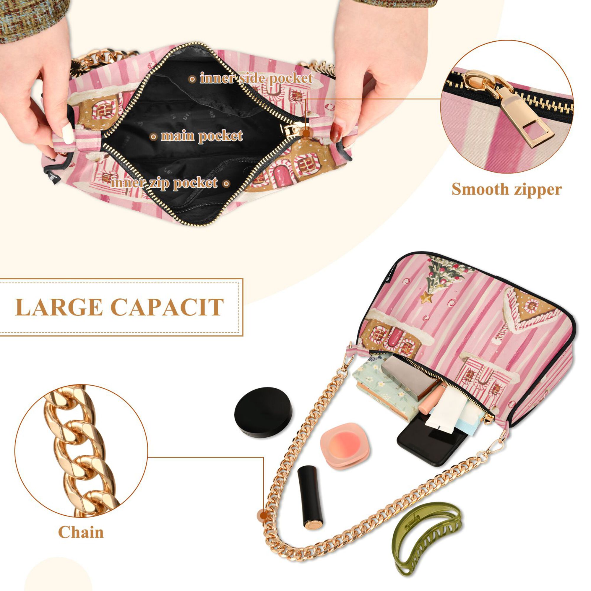 FORMRS Womens Shoulder Bag with Chain Strap Clutch Purse Cute Tote Handbag, Gingerbread Houses