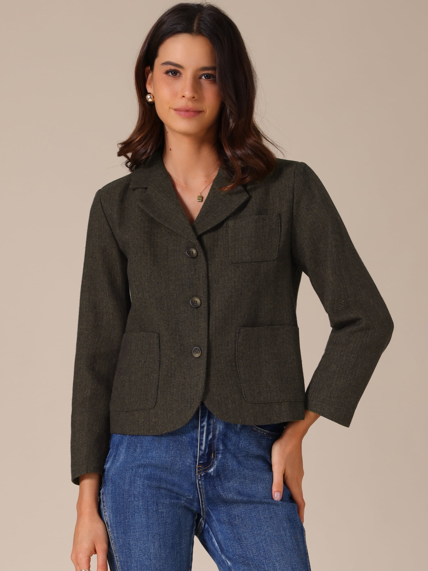DARING DIVA Women's Bracelet Sleeve Patch Pockets Notched Lapel Blazer S Brown