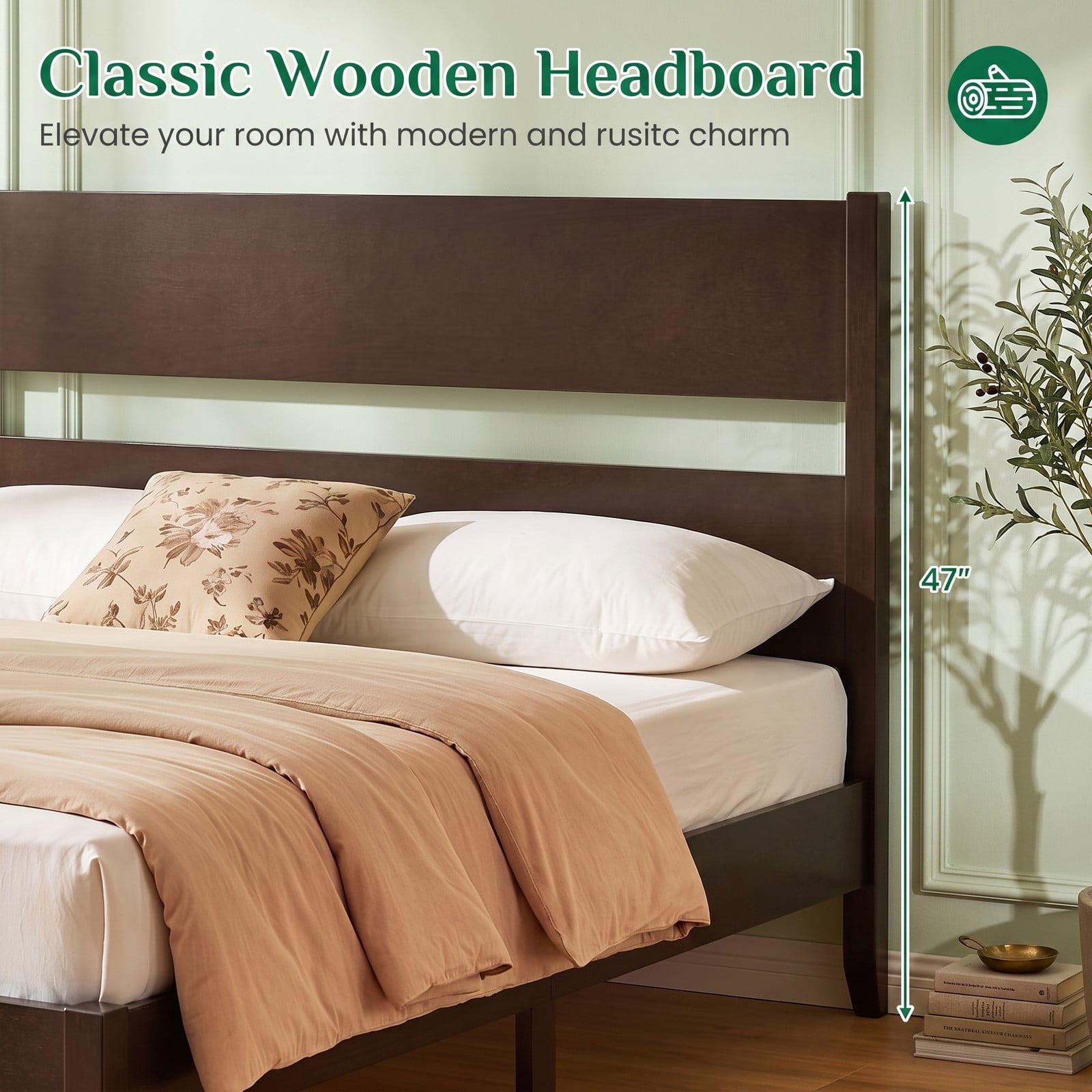 Furnibear Full Size Bed Frame with Panel Headboard, Wood Platform Bed Frame with 12 Slats and Solid Wood Legs for Bedroom, Dark Walnut