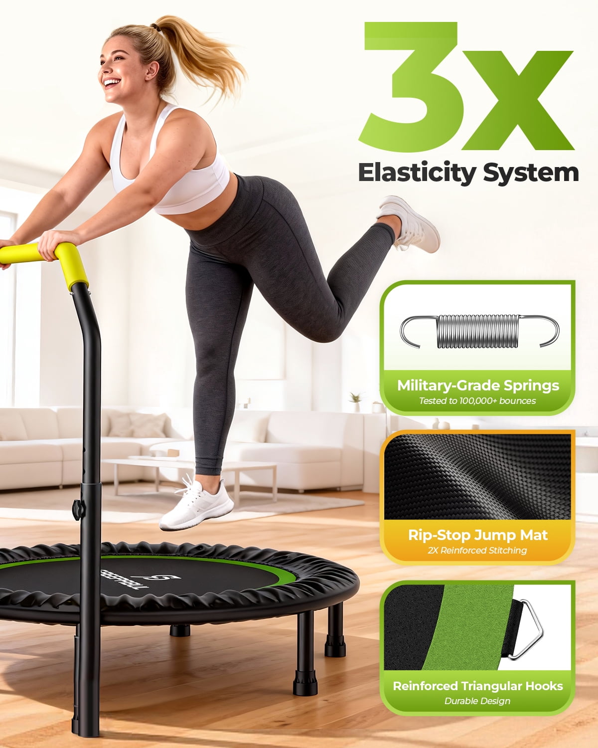 SAEEPABUL 40Inch Mini Fitness Rebounder Trampoline with Adjustable Handle, Indoor Exercise Workout Trampoline for Adults, Max Load 330lbs, Green