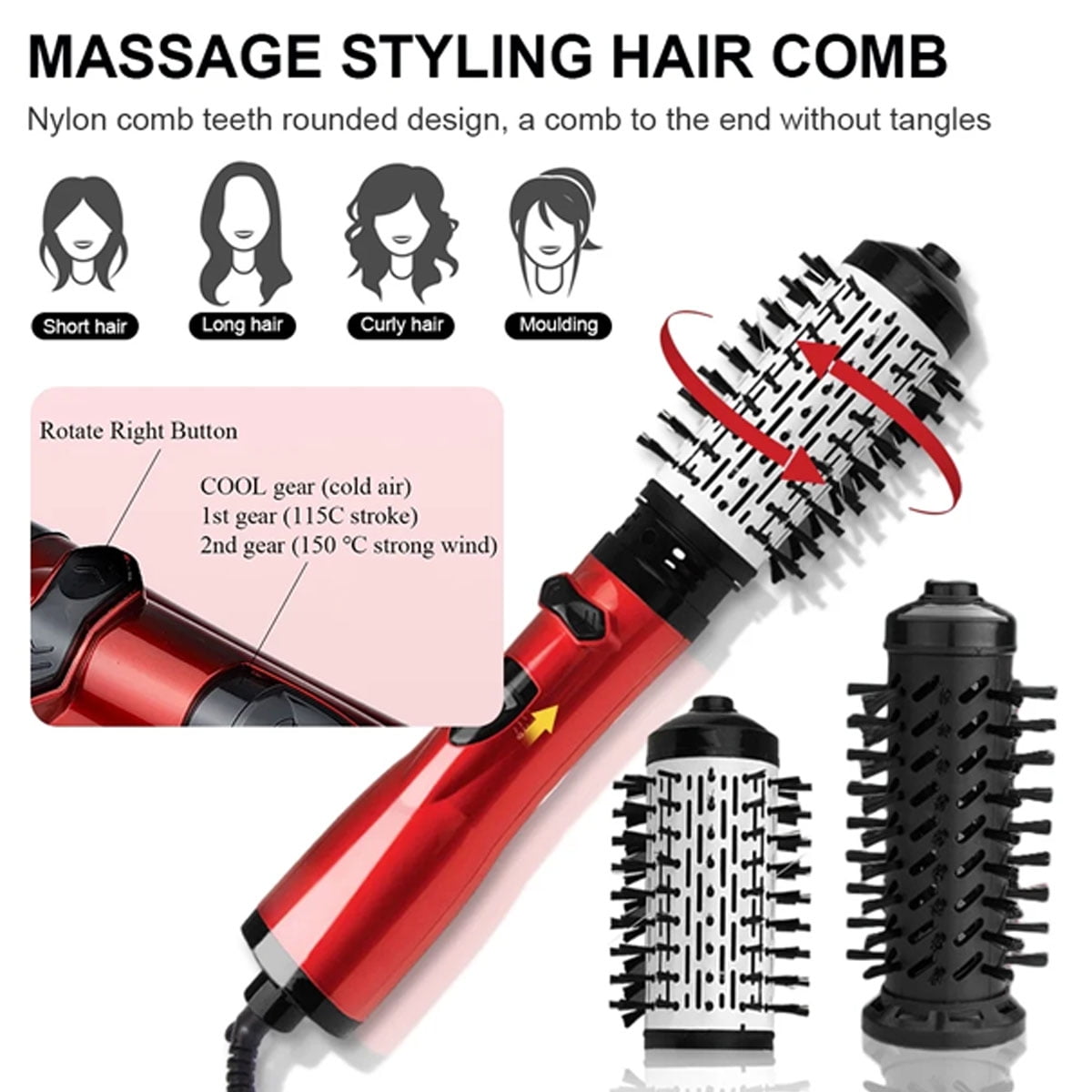 Yiliangx 3-in-1 hot air styler and rotating hair dryer, Hot Air Styler and Rotating Brush, rotating hair dryer brush spinning, Hot Air Styler & 360 Rotating Hair Dryer for Dry Hair, Curl Hair (Red)