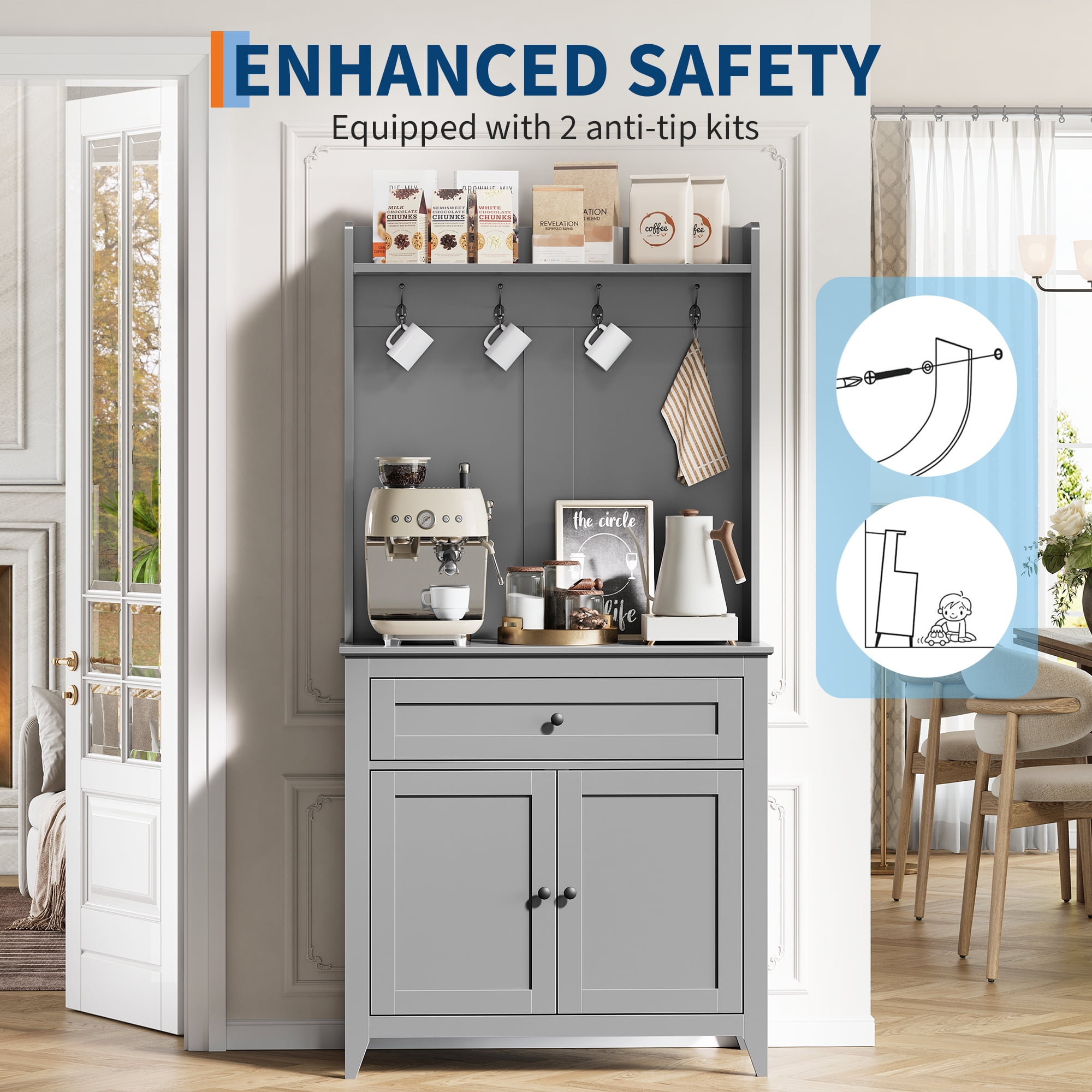 63" Pantry Cabinet, Kitchen Pantry Storage Cabinet with Outlet, Kitchen Hutch with Microwave Shelf & 4 Hooks, Door Shelves & Drawer & Adjustable Shelves, for Dining Room