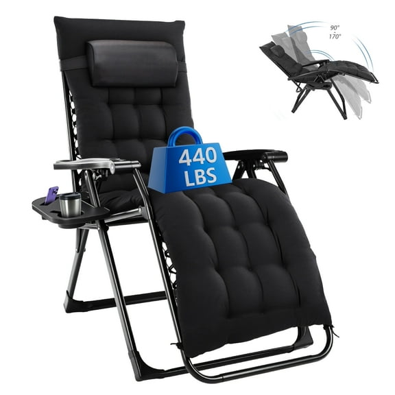 EDX Zero Gravity Chair, Reclining Camping Lounge Chair with Removable Cushion, Headrest and Cup Holder Trays, Folding Patio Recliner for Indoor&Outdoor Use, 440LBS Capacity, Black