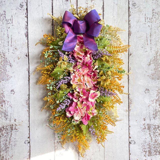 pstuiky Adorno colgante para puerta: Árbol invertido con flores artificiales, corona de flores moradas grandes bordadas, lazo.