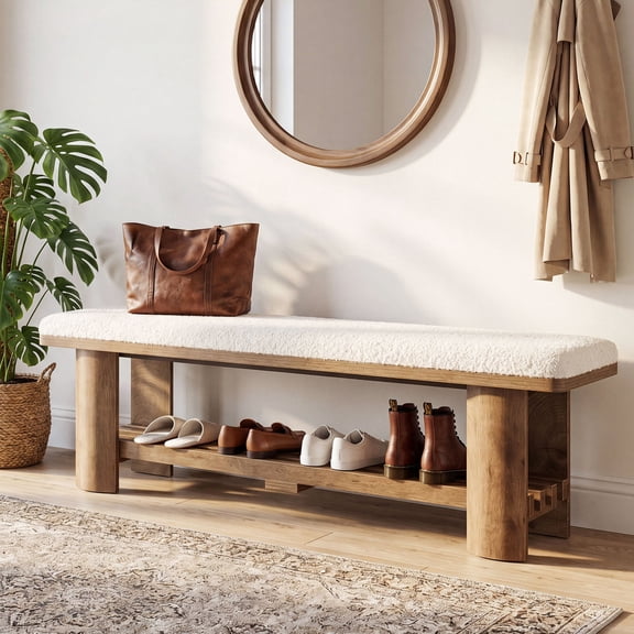 Tribesigns 63-Inch Shoe Bench with Faux Lamb Wool Cushion and Storage Shoe Rack for Entryway, Living Room