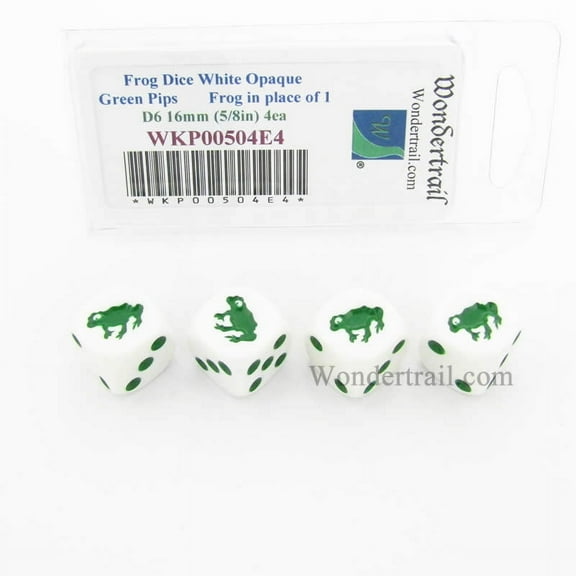 Frog Dice White Opaque with Green Pips D6 16mm (5/8in) Set of 4 Wondertrail