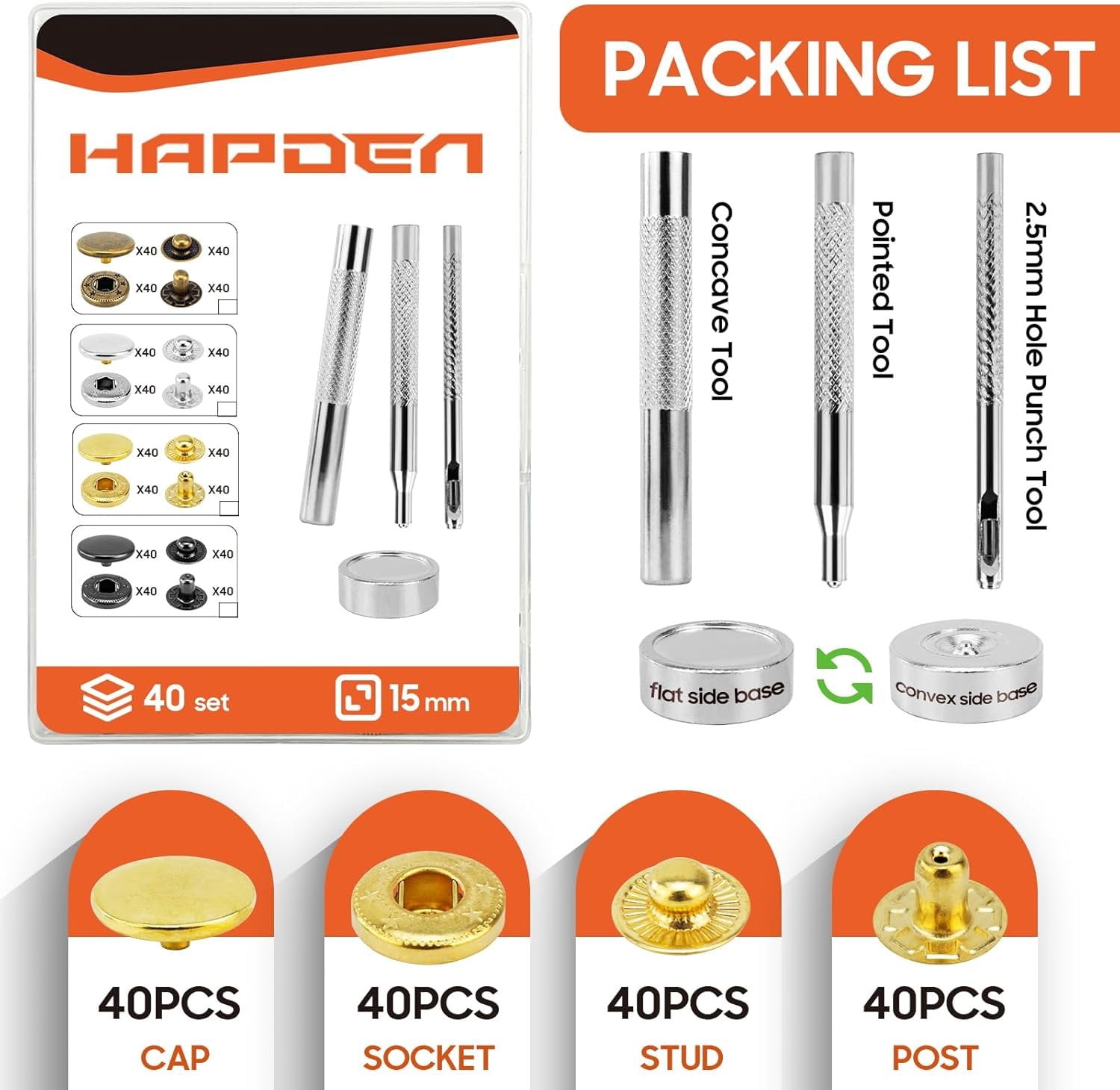 Leather Snaps and Fasteners Kit,12.5mm 40 Sets Metal Snap Buttons with Setter Tools, Sewing Snaps for Clothing,Fabric,Leather, Clothes, Jackets, Bags, DIY Crafting ()