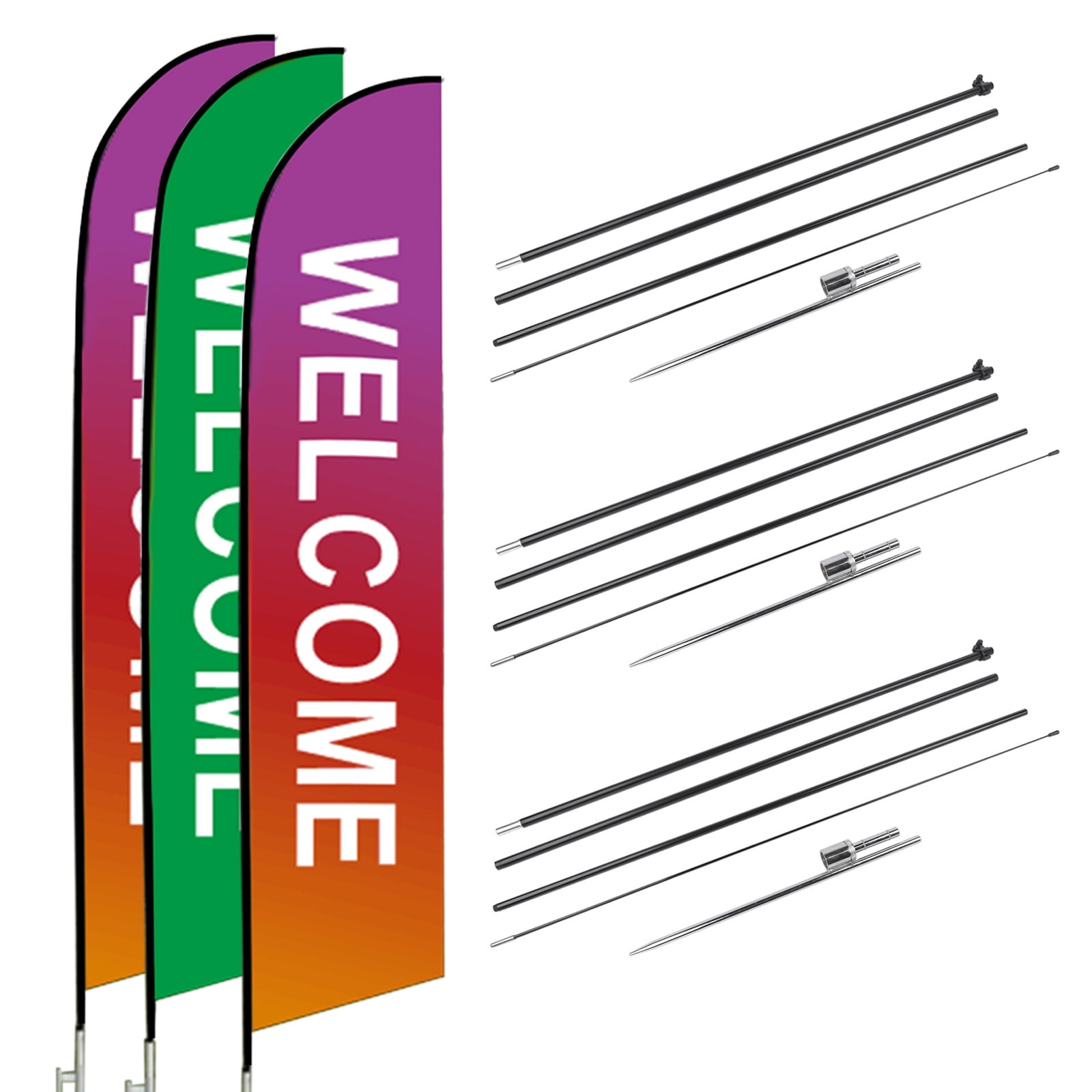 2 Pack Welcome Feather Flag Pole Kit 15 Feet Advertising Flags Business Signs for Outside, Welcome Theme Feather Flags Green & Orange + Purple Gradient, Welcome Flag Banner