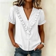 thumbnail image 6 of Babysbule Women's V-Neck Ruffle Collar Puff Short Sleeve Button Front Relaxed Fit Casual Blouse Everyday Top, 6 of 8