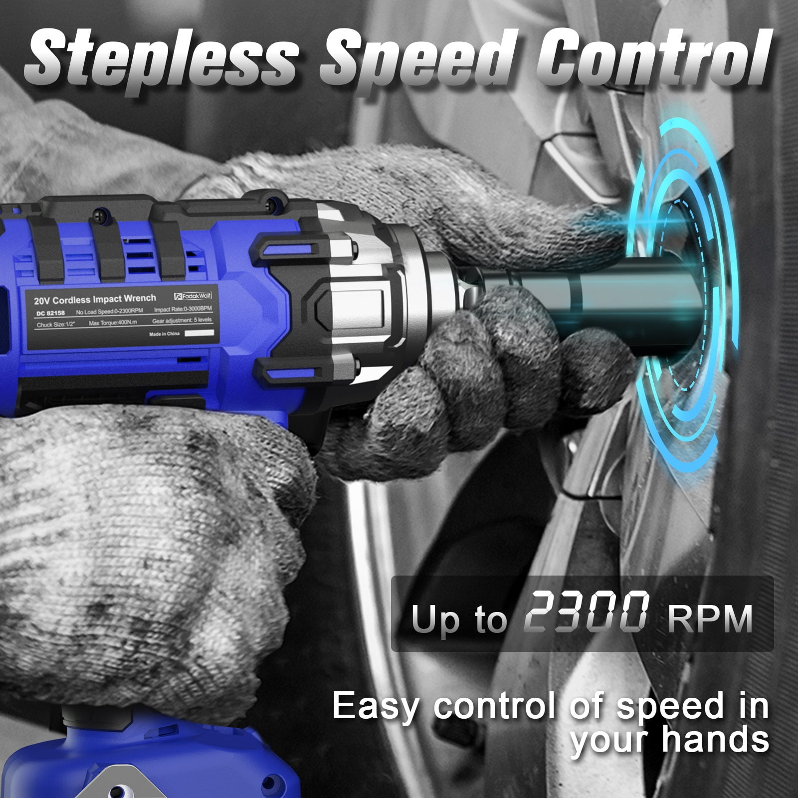 20V Cordless Impact Wrench/Driver, 1/2＂ 400 N·m High Torque 2300 RPM, Brushless with 5 Modes & LED. Kit with 3.0Ah Battery, Fast Charger, 4 Sockets for Automotive and DIY Repair (Blue)