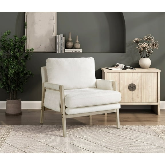 Knubmt Modern Accent Chair with Wood Frame, Upholstered Chenille Fabric Armchair for Living Room, Bedroom, Office, Cream White
