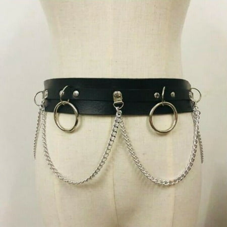 SHOPFIVE Hip-Hop Punk Faux Leather Belt Adjustable Metal Chain Hoop Rings Waist