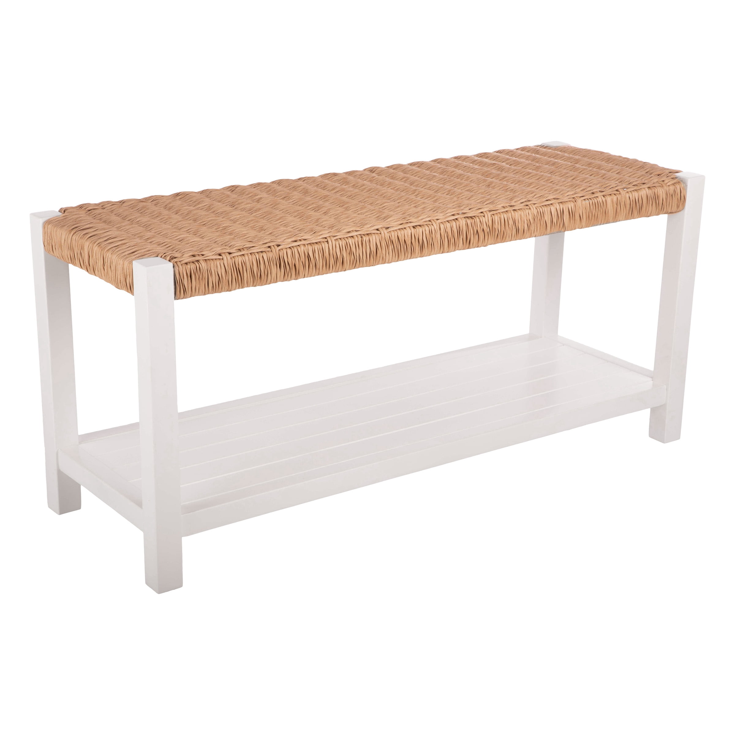 Alaterre Newport 40in Wood Bench with Rush Seat and Storage Shelf, White