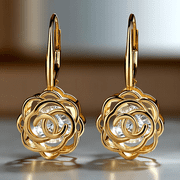 14K Yellow Gold Plated Caged with Crystals Rose Lever Back Earrings
