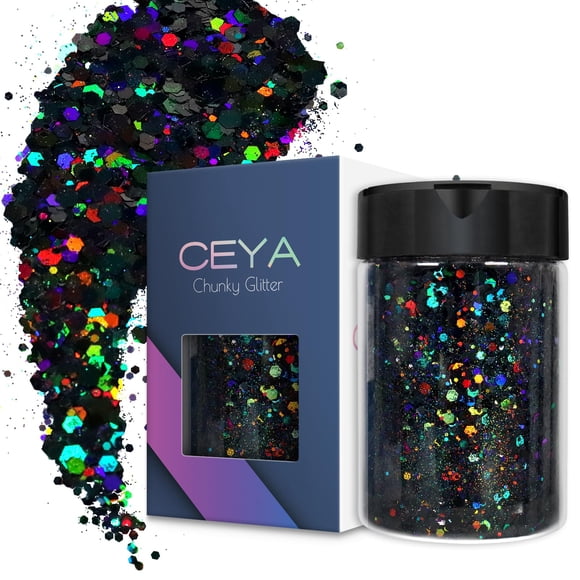 Ceya Holográfica Chunky Glitter 4.9oz/ 140g Negro Craft Glitter Polvo Mezclado Grueso Escamas Finas Lentejuelas de Uñas Iridiscentes para Arte de Uñas Cabello Resina Epoxi Vasos Pintura Limo Decoració