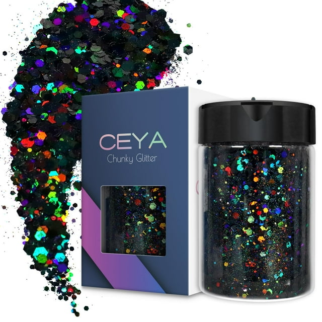 Ceya Holográfica Chunky Glitter 4.9oz/ 140g Negro Craft Glitter Polvo Mezclado Grueso Escamas Finas Lentejuelas de Uñas Iridiscentes para Arte de Uñas Cabello Resina Epoxi Vasos Pintura Limo Decoració