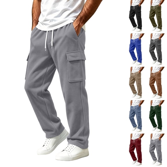 Husipze Mens Cargo Sweatpants Straight Leg Fleece Joggers Pants Elastic Drawstring Casual Loose Work Pants with Multiple Pockets Gray S