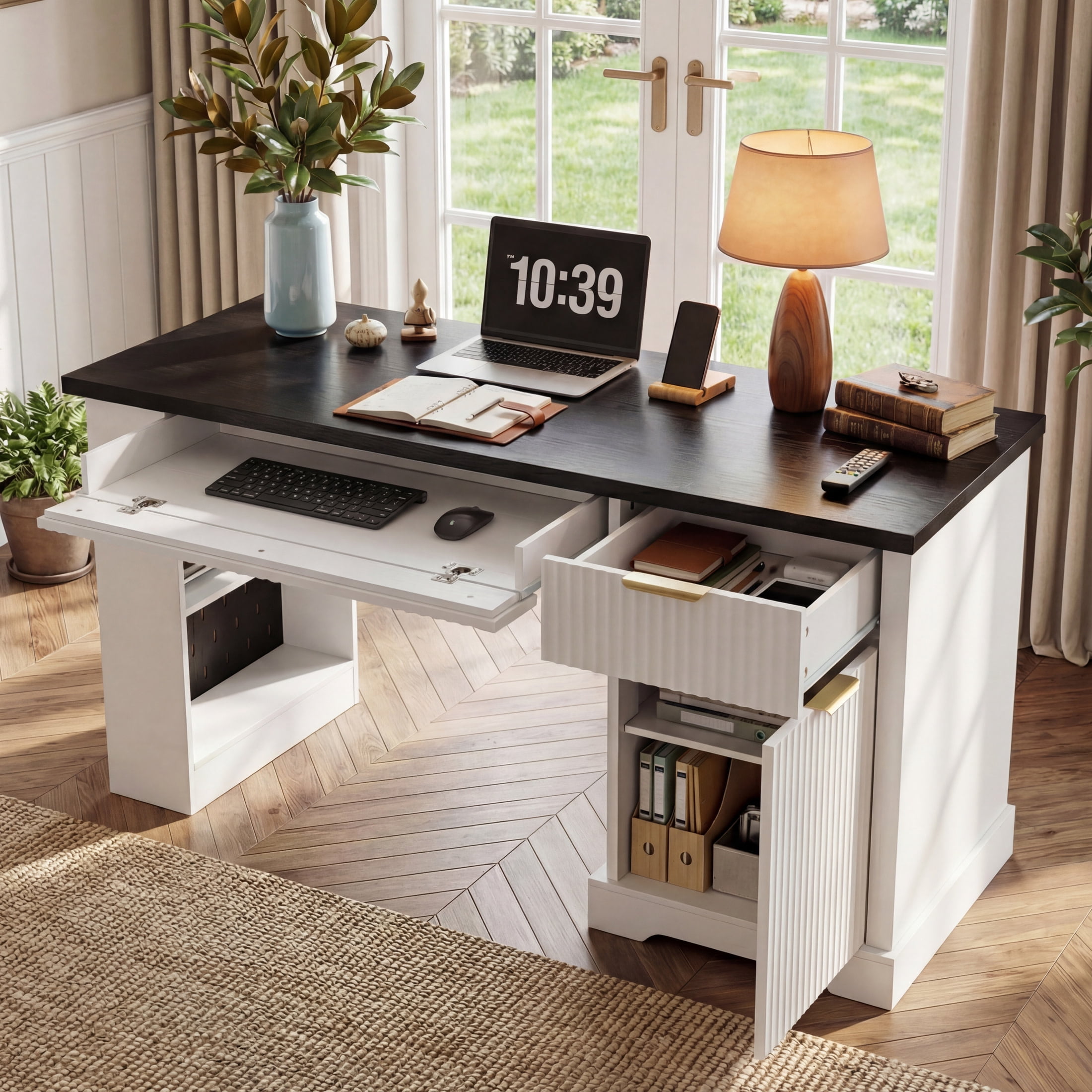 Noble House 55" Fluted Office Desk with Storage Cabinet, Keyboard Tray, Pegboard and Power Outlet, White