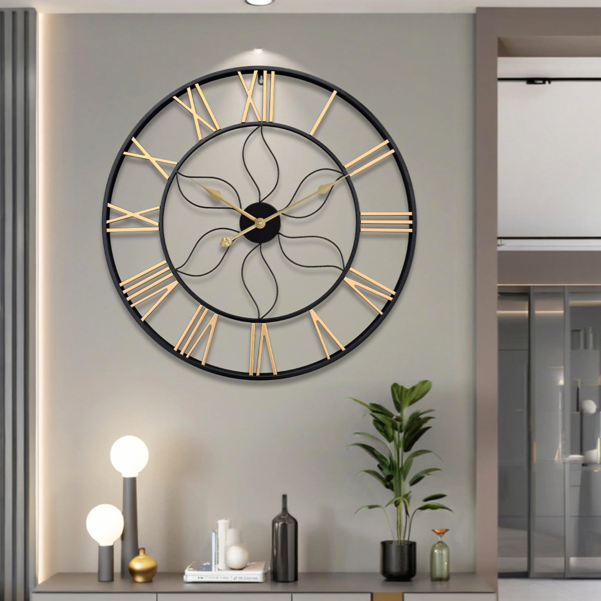 28 inch Black & Gold Thickened Metal Hollow Wall Clock - Roman Numeral Silent,Living Room/Bedroom/Hallway Decor Modern Minimalist Metal Wall Watch