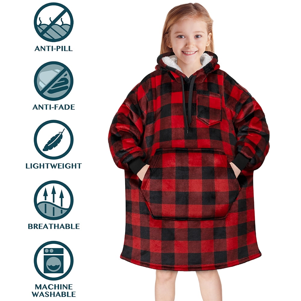 PAVILIA Wearable Blanket Sweatshirt for Kids Boy Girl Checker Black Red, Warm Cozy Giant Blanket Hoodie, Fleece Sherpa Oversized Blanket Sweatshirt with Sleeves, Big Pocket, Christmas Gift