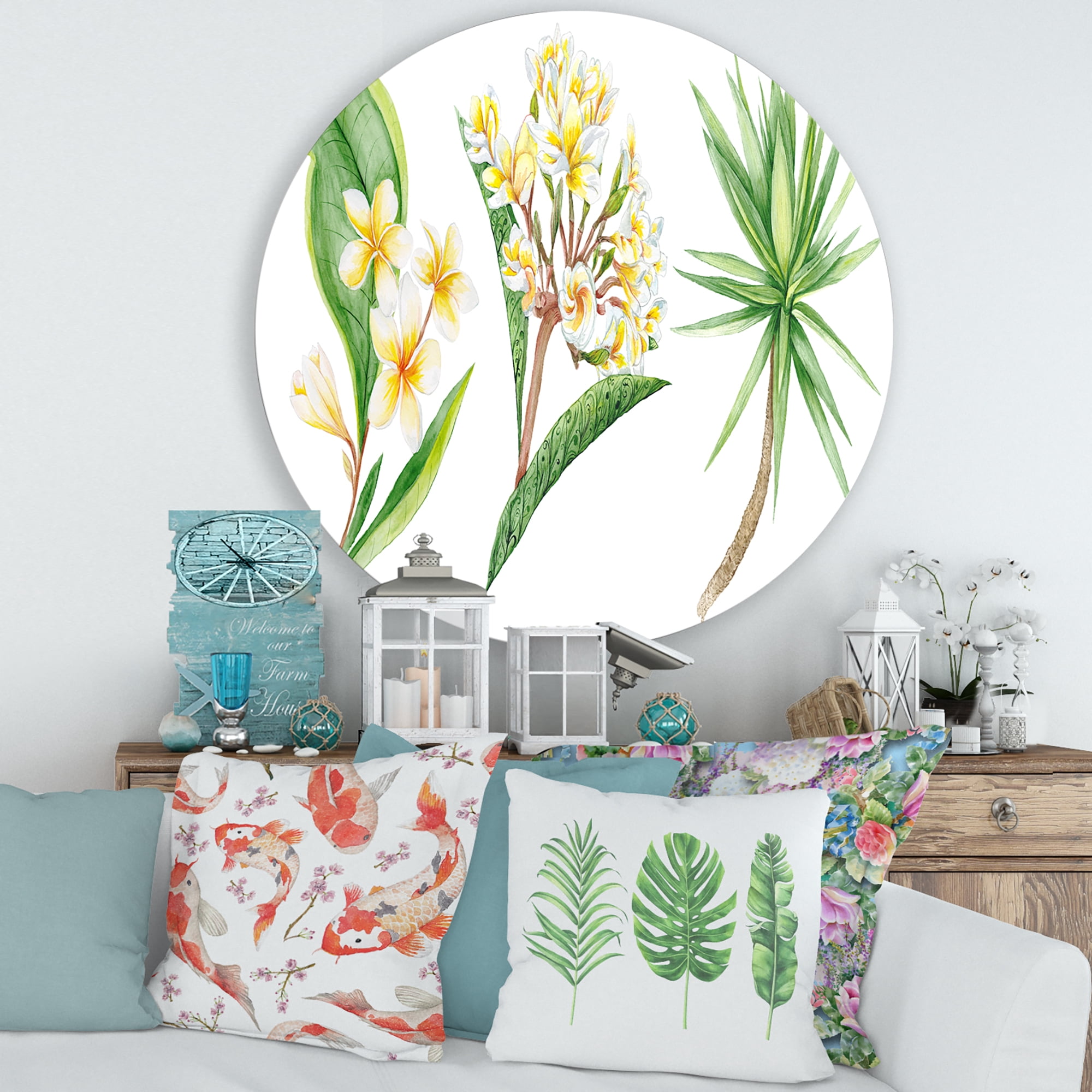 Designart 'Yellow Flowers and Tropical Foliage XII' Traditional Circle Metal Wall Art 29x29 - Disc of 29