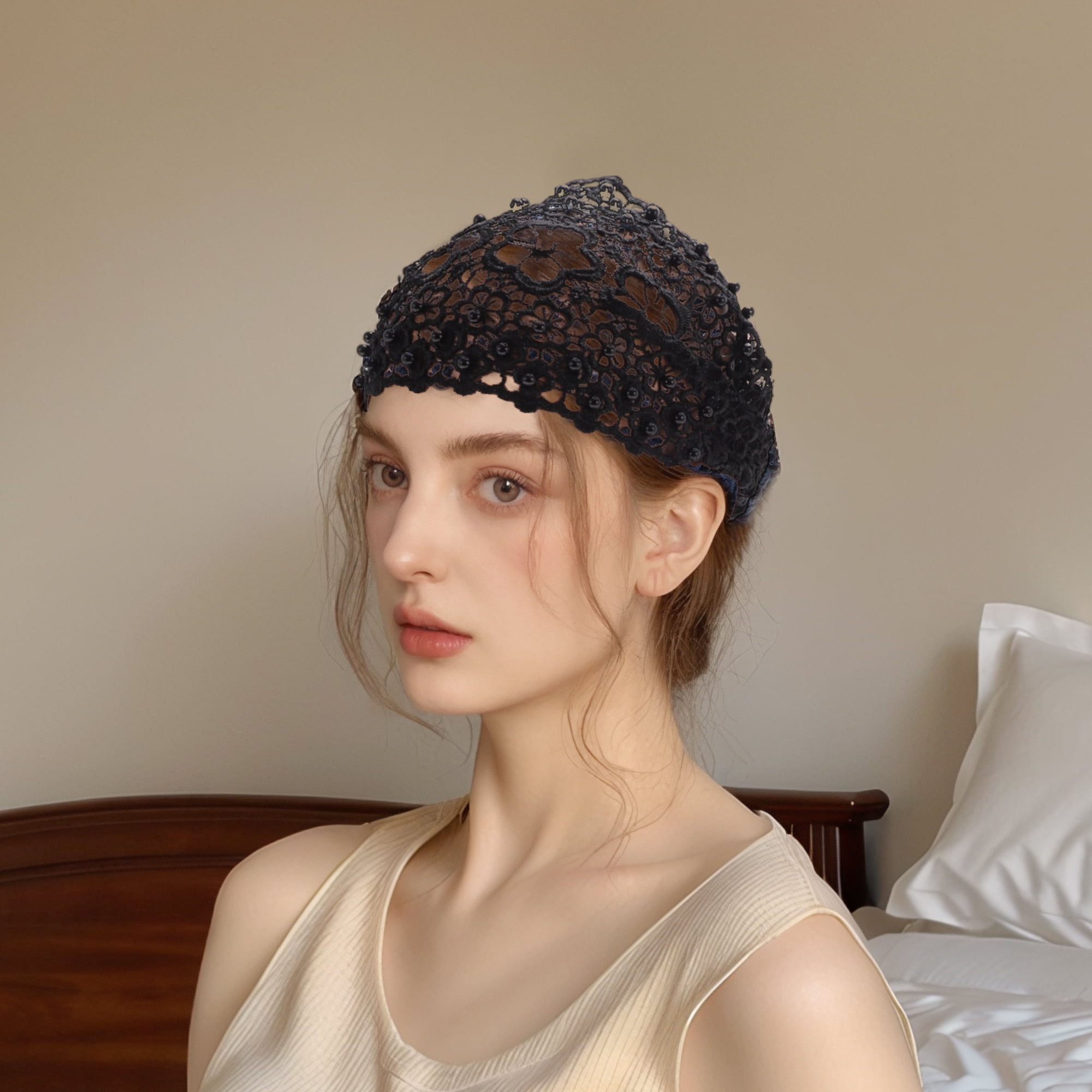 Unique Bargains 1pc Stylish and Comfortable Bead Hollow Wide Headwrap Black