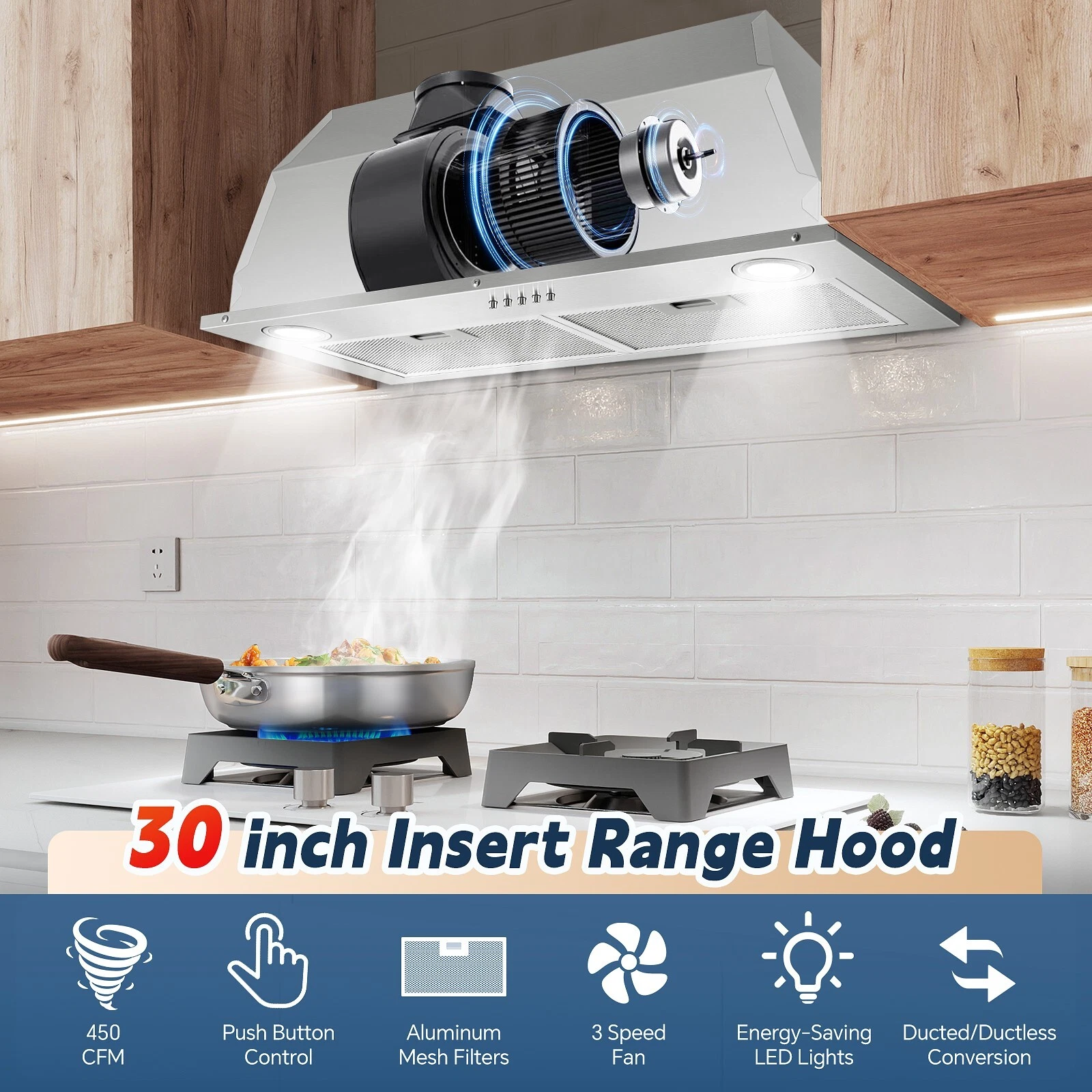 30 inch Built in Range Hood Stainless Steel 600 CFM Integrated Rangehood Cooking Vented