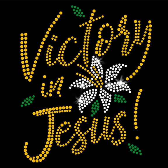 JCS Rhinestones Victory in Jesus Iron-on Clear Crystals Rhinestone and Gold Rhinestud Bling Transfer