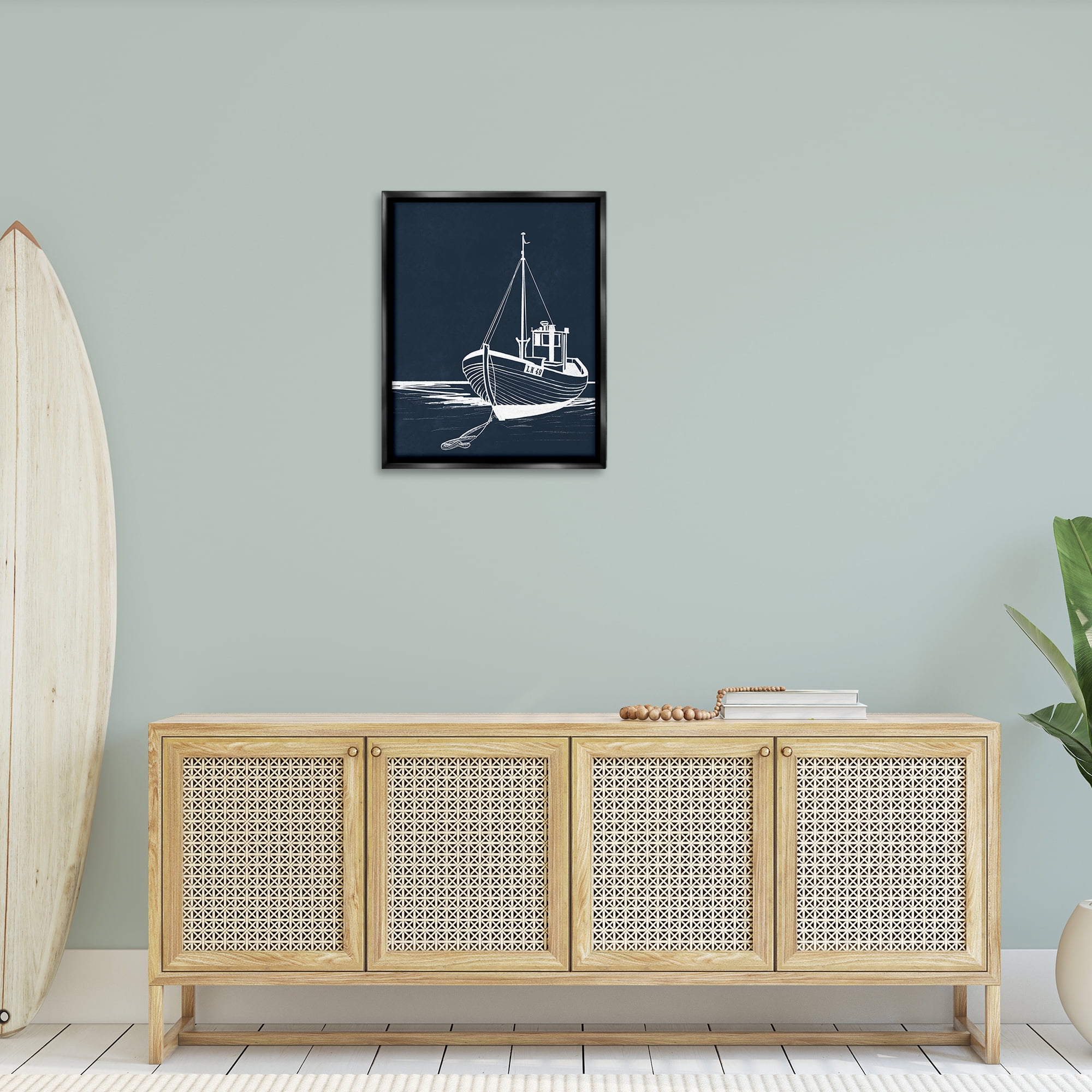 Stupell Industries White Outline Sailboat Transportation Painting Black Floater Framed Canvas Art Print Wall Art, 25 x 31
