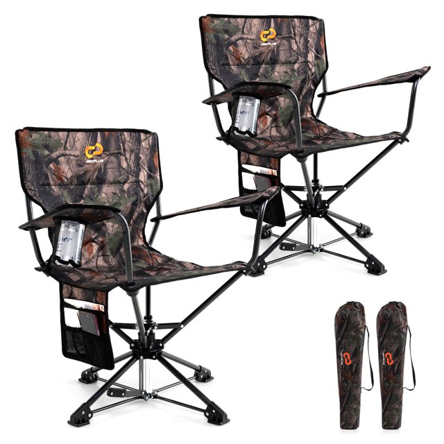 Goplus 2PCS 360° Swivel Hunting Chair with Mesh Cup Holder & Storage Pockets Cozy Backrest Camo