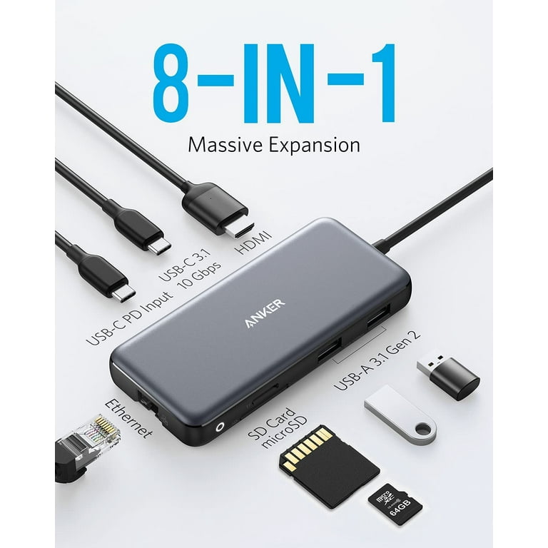latin folder Hurtig Anker 8-in-1 USB C Hub Adapter with 100W Power Delivery,4K 60Hz  HDMI,Ethernet Port,SD Card Reader - Walmart.com