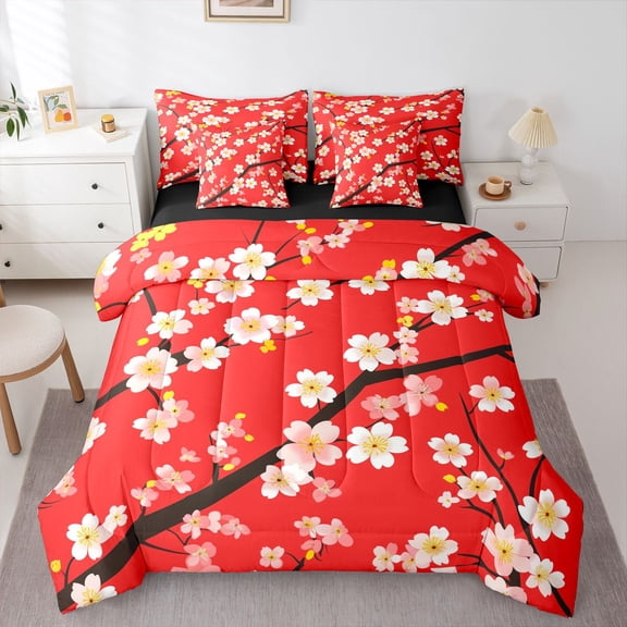 Castle Fairy Kids Cherry Blossom Twin Bedding Sets,Black Red Sakura Bedding Comforter Set