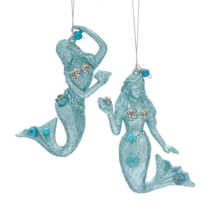 Teal Blue Mermaids with Glitter and Beads Christmas Holiday Ornaments Set of 2