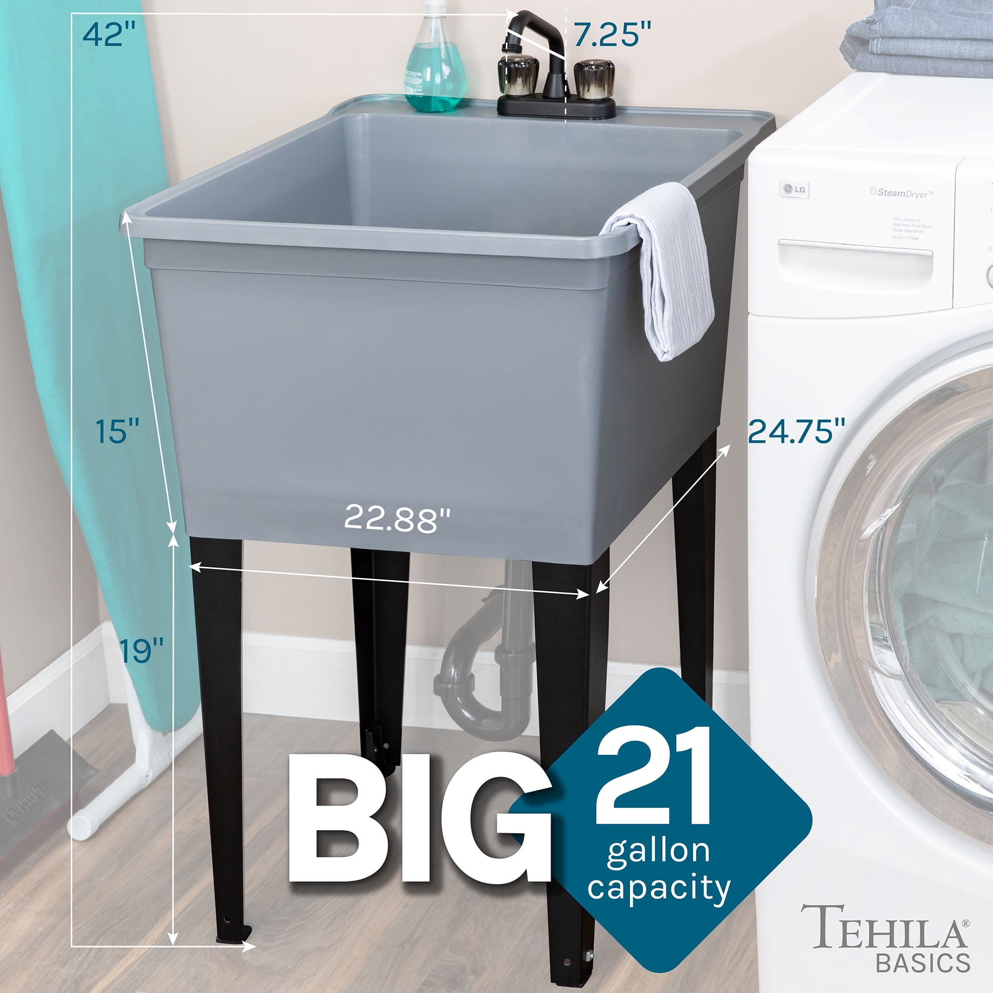 Tehila Freestanding Gray Utility Sink with Black Faucet for Laundry Room