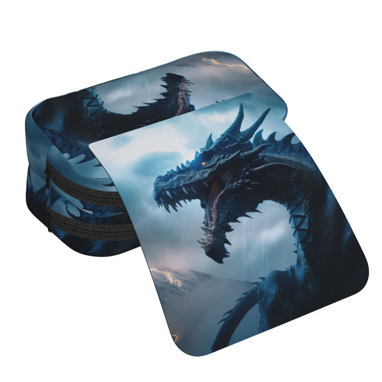 Rateoe Blue Thunder Storm Dragon Pattern Double Clamshell Pen Case, Storage Organizer with Two Zipper Compartments– Holds Up to 50 Pencils & Pens