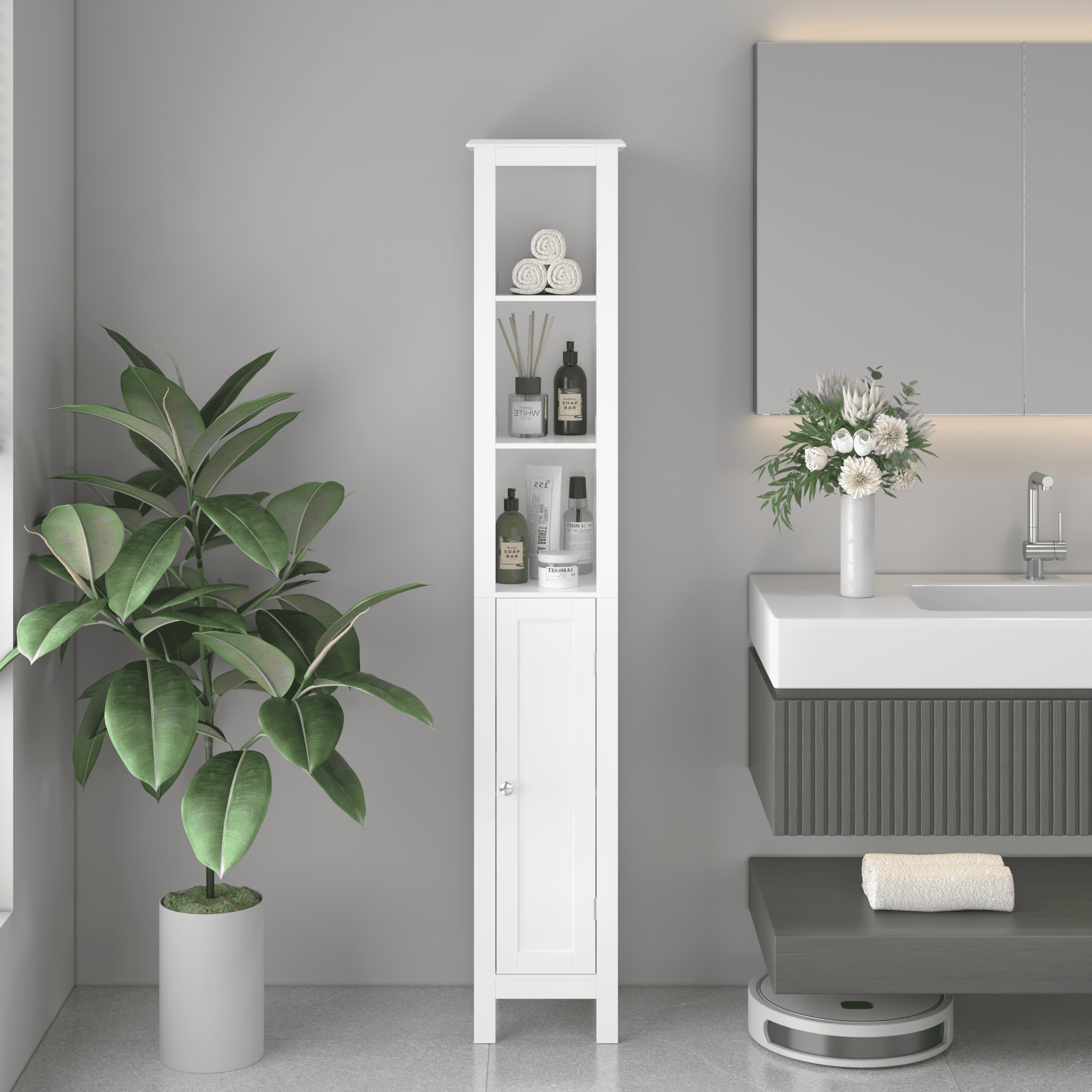 66.92" Tall Bathroom Storage Cabinet with Adjustable Shelves,Slim 1 Doors Freestanding Cabinet with Anti-Tip, Open compartments, for Home, Small Spaces, Bathroom,Kitchen, Living Room, White