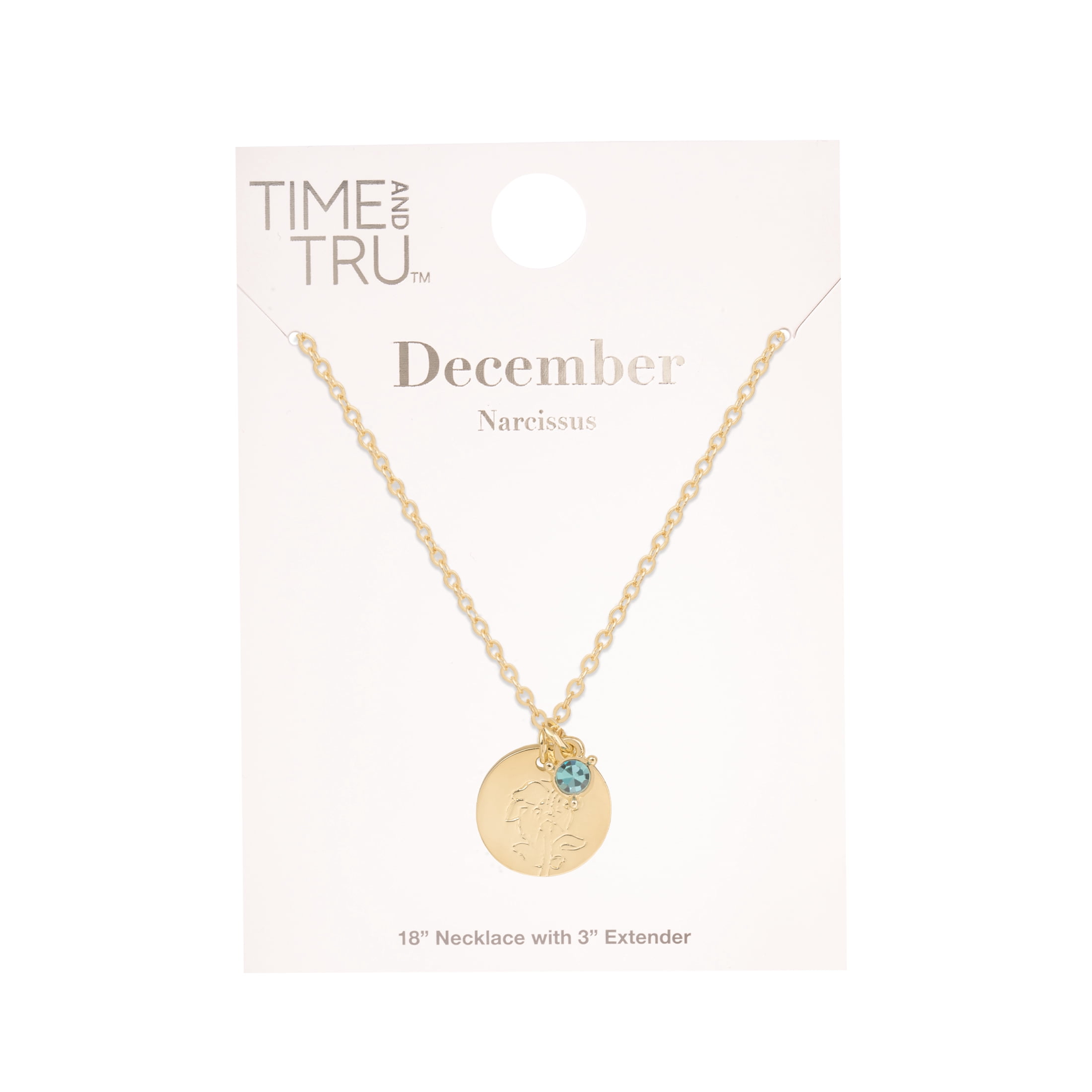 Time and Tru Women’s December Birthstone Necklace, Gold‑Tone Chain with Aquamarine Stone & Narcissus Flower