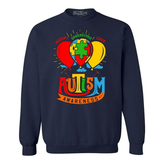 Shop4Ever Men's Accept Understand Love Autism Awareness Balloons Crewneck Sweatshirt XXX-Large Navy