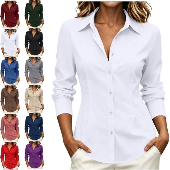 MLCDZ Womens Dress Shirts Long Sleeve Collared Button Down Wrinkle Free Business Casual Lightweight Blouse Office Work Daily Commute Tops