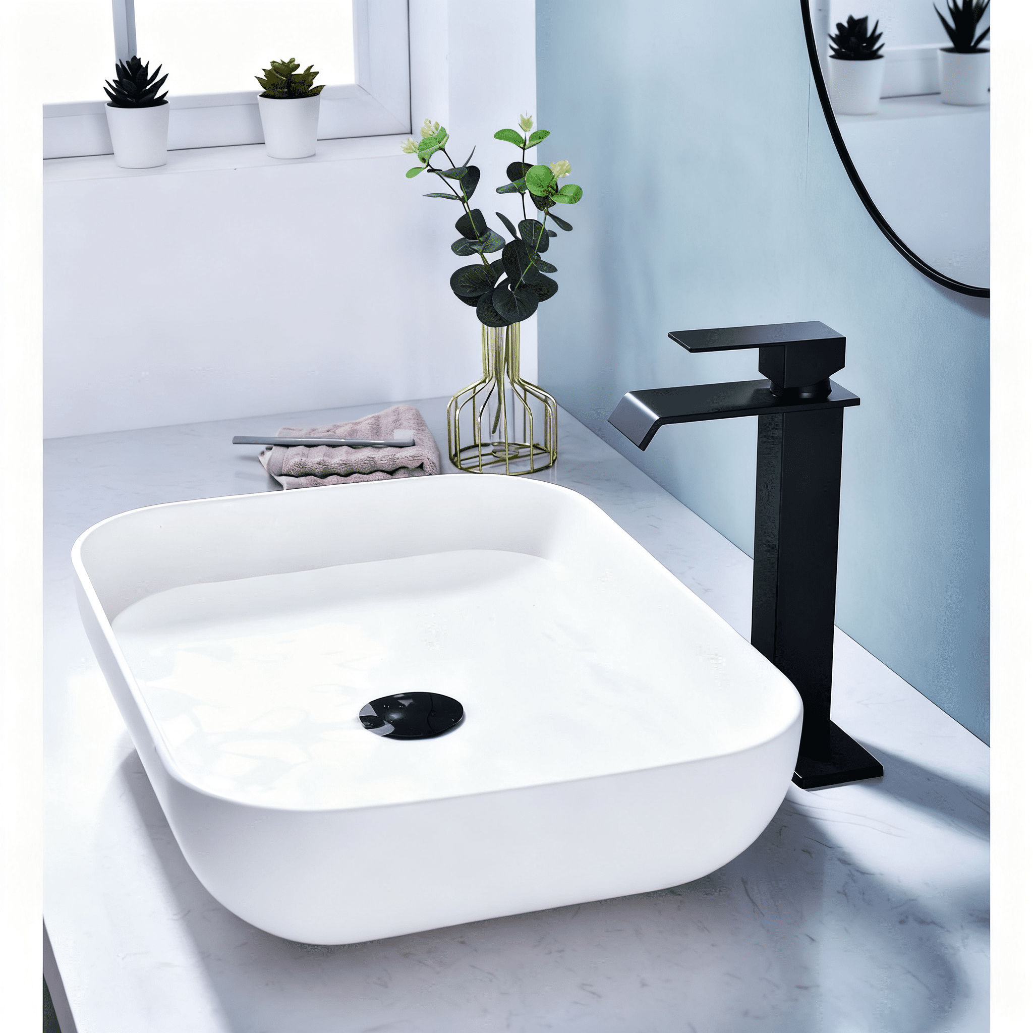 Waterfall Spout Bathroom Sink Single Handle Faucet with Pop-Up Drain (No Overflow)