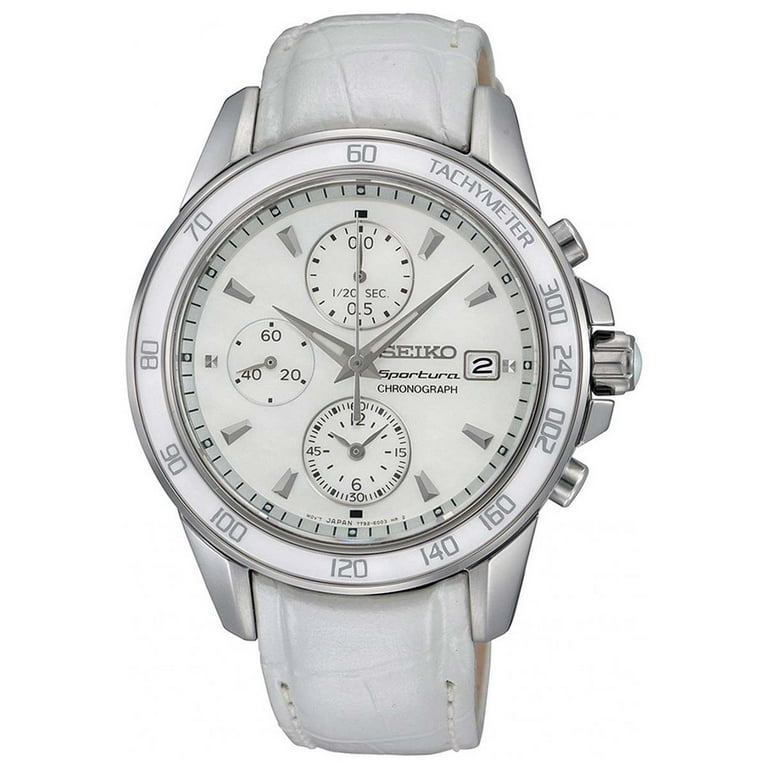 Seiko Women's SNDX99P1 Sportura White MOP Dial White Leather Strap