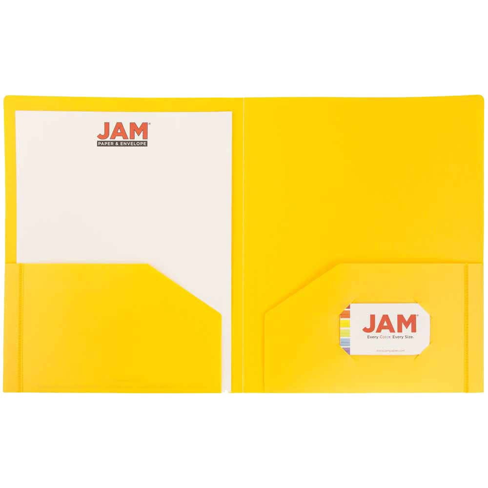 JAM Paper Heavy Duty Plastic 2 Pocket Extra Tough School Folders, Yellow, Bulk 48/Pack