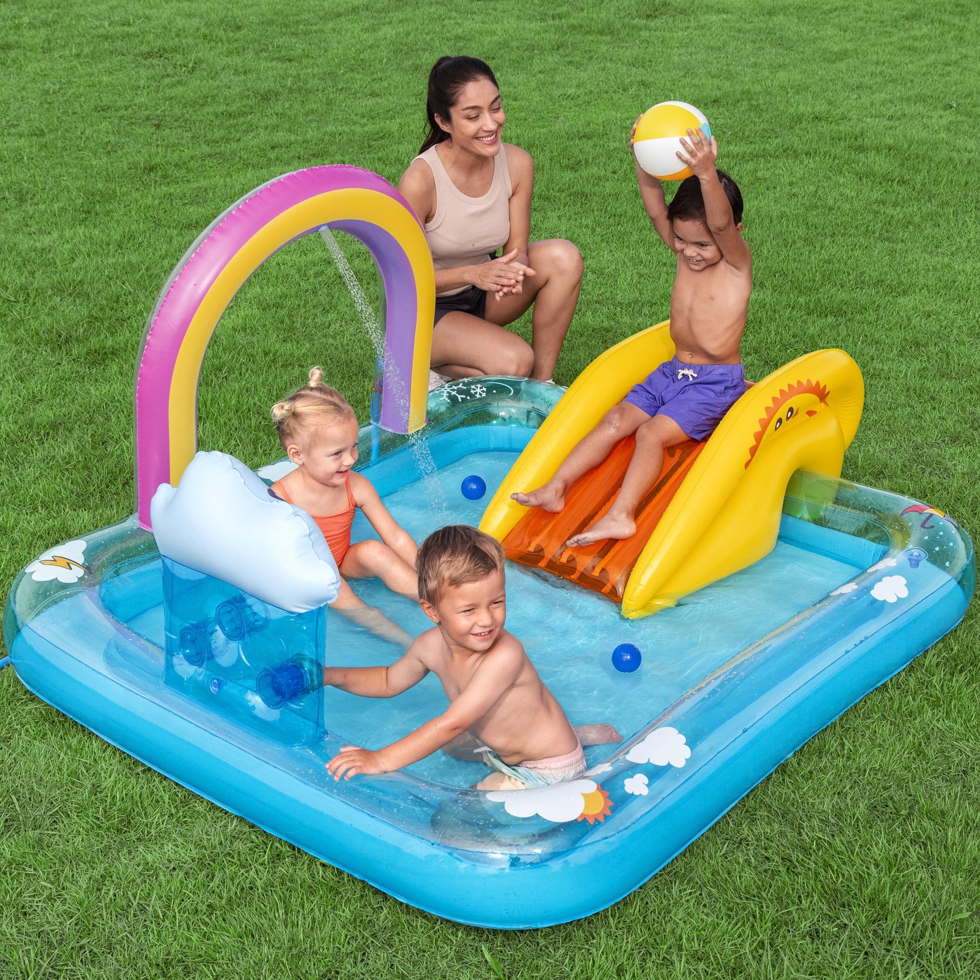 H2OGO! Inflatable Water Play Center & Pool - Rainbows ‘N Rays - 74x59x35”, Slide-Sprinkler Arch- Game Balls, Splash Wade Pool, Outdoor, Toddler-Kid 2+